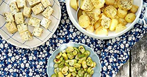 Fèves cumin, citron, pommes de terre, tofu aux herbes (amap, sans gluten, vegan)