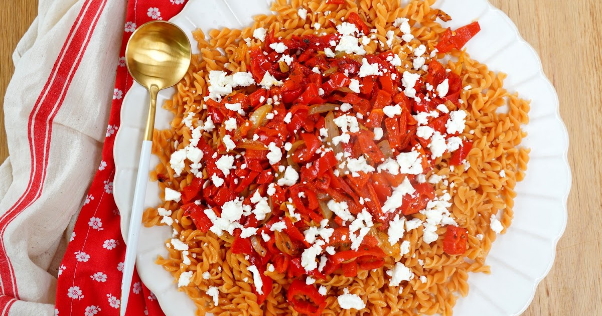 Salade pâtes aux lentilles corail, poivrons, feta (salade, amap, sans gluten)