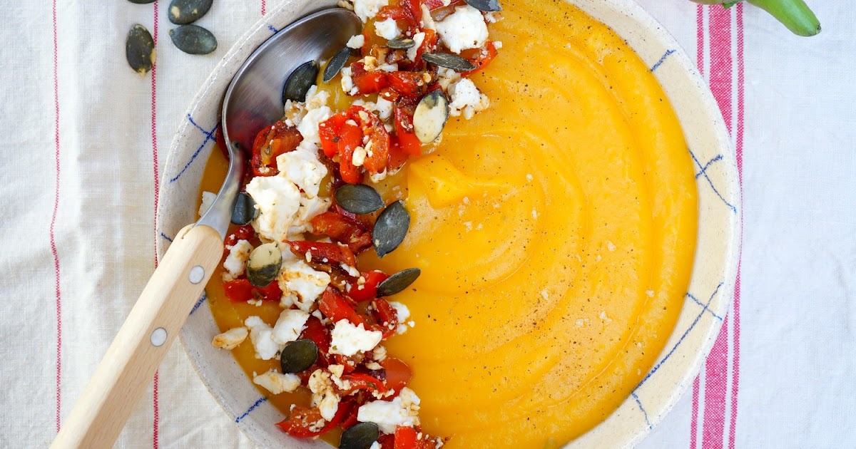 Purée courge, topping poivrons-feta (soupe, veggie, sans gluten)