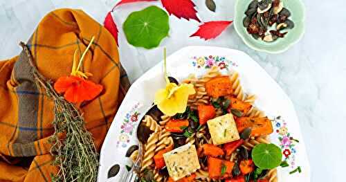 Salade pâtes, potimarron rôti, tofu au thym (automne, salade, vegan)