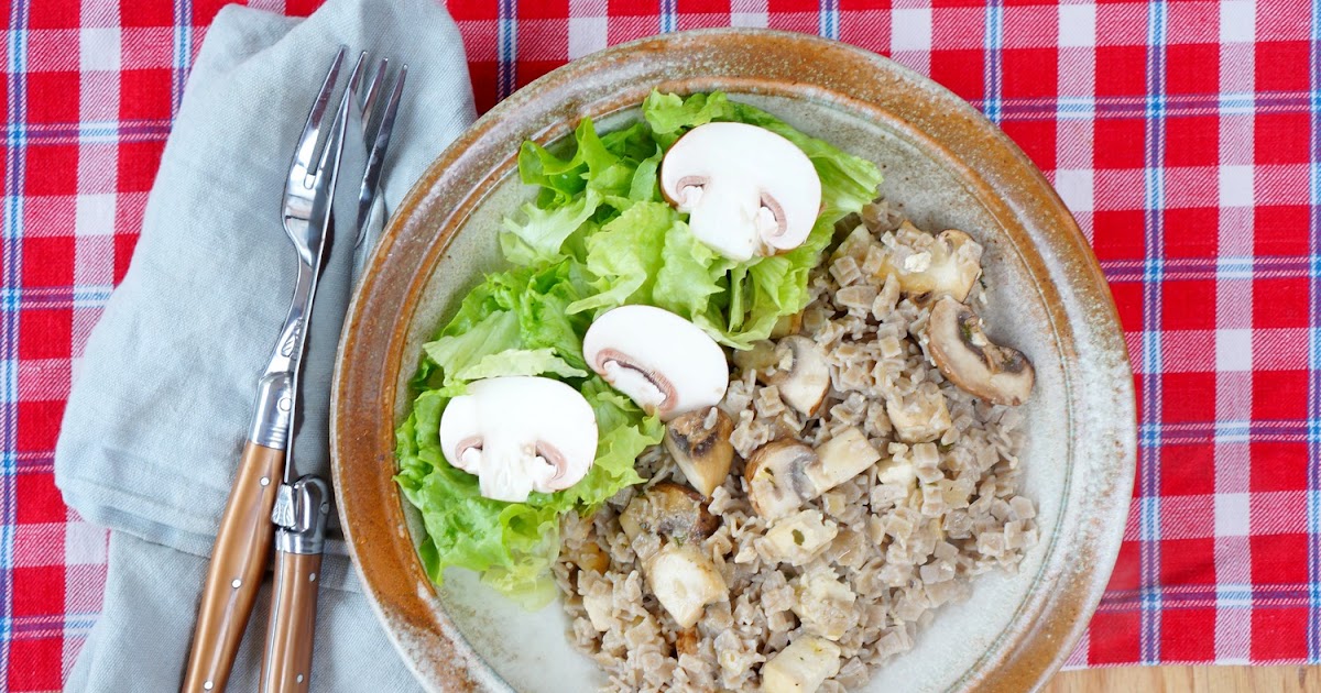 Crozets, sauce champignons et tofu fumé (amap, vegan)