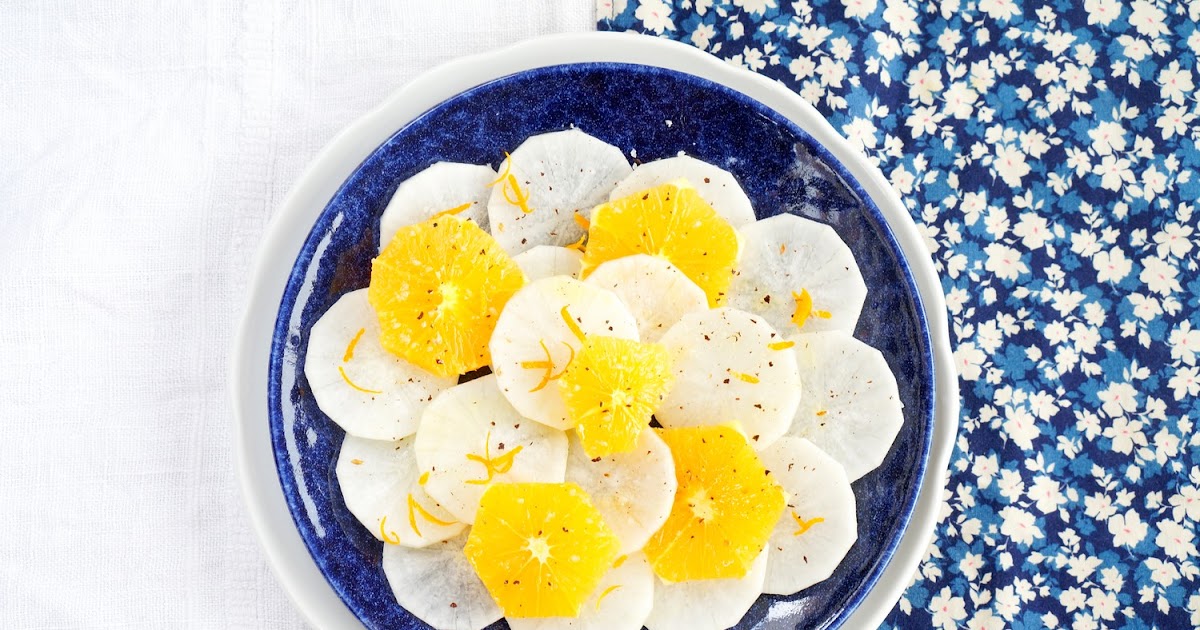 Carpaccio de radis daikon à l'orange (amap, cru, vegan, salade)