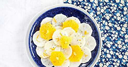 Carpaccio de radis daikon à l'orange (amap, cru, vegan, salade)