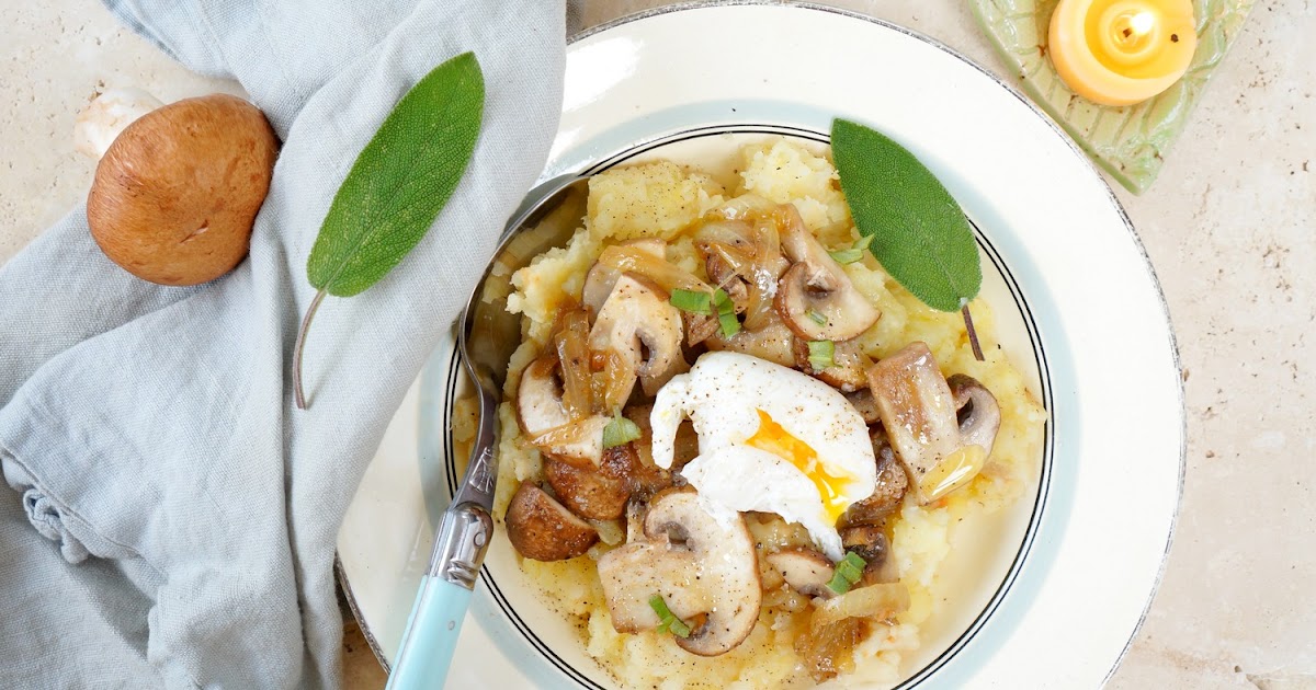 Ecrasé pommes de terre, céleri, poêlé de champignons, oeufs pochés (amap, veggie, sans gluten)