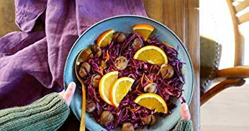 Salade de chou rouge, oranges, châtaignes (amap, salade, vegan, sans gluten)