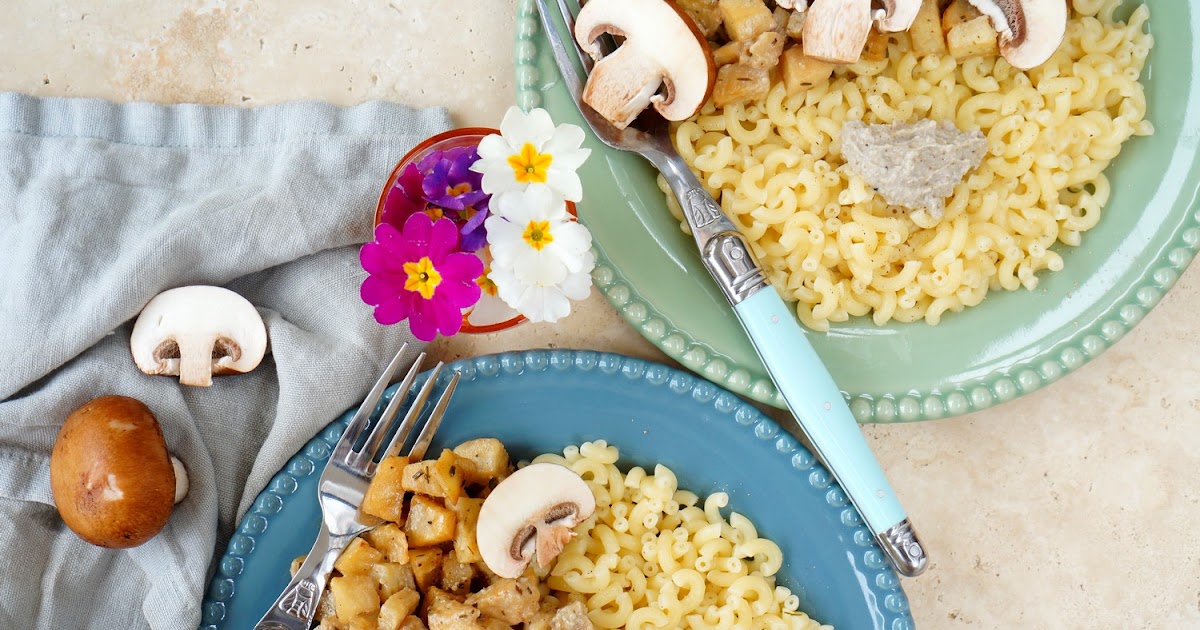 Coquillettes, sauce céleri-truffes, champignons (amap, pâtes, vegan)