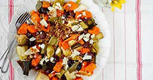 Petit épeautre, courge et poireaux rôtis, tomates séchées, parmesan (amap, veggie, salade)