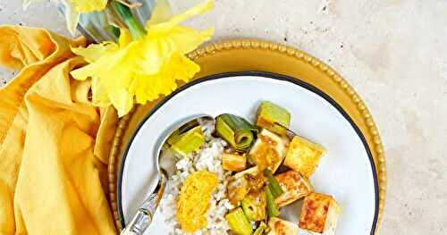 Poireaux, tofu, tartinade mangue-curry (vegan, amap, sans gluten)