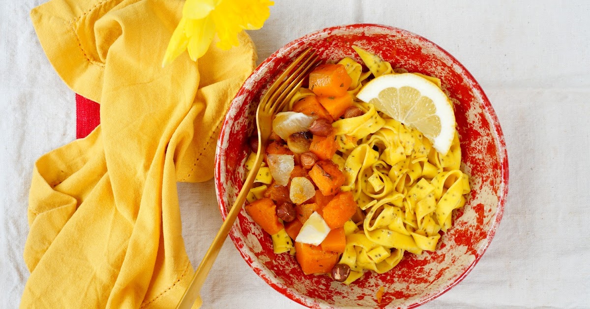 Tagliatelles citron-chia, butternut, citron, noisettes (vegan)