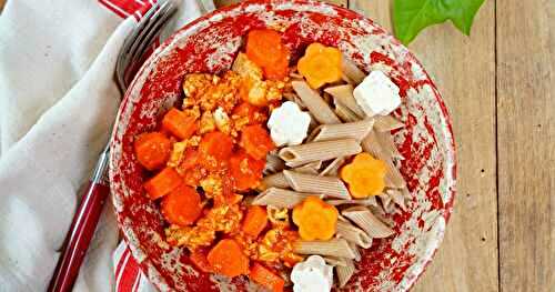 Pâtes au petit épeautre, sauce tomate, carottes, tofu au piment (amap, vegan)