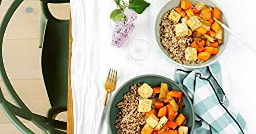 Quinoa, butternut et poireaux rôtis, tofu aux herbes (amap, vegan, sans gluten)