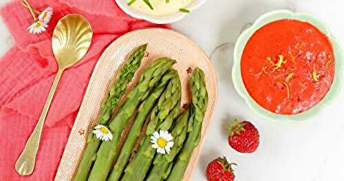 Asperges vertes, mayonnaise aux haricots blancs, vinaigrette à la fraise (amap, vegan, printemps)