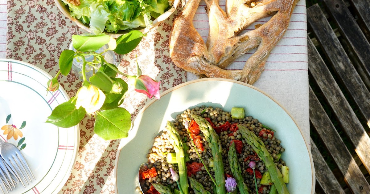 Salade lentilles, asperges, tomates séchées (salade, vegan, amap)