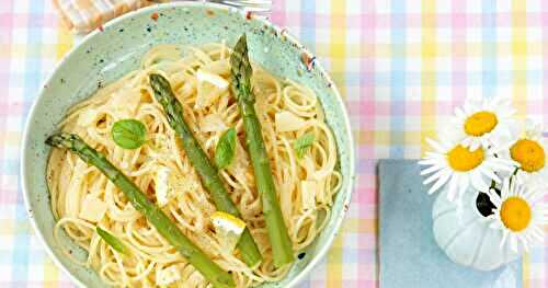 Spaghetti asperges vertes, parmesan, citron (pâtes, veggie, printemps)