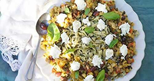 Rubans au basilic, "caponata" de courgettes, mozzarella (amap, veggie, pâtes)