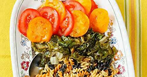 Torsades aux lentilles, blettes, tomates, tofu (amap, vegan, sans gluten)