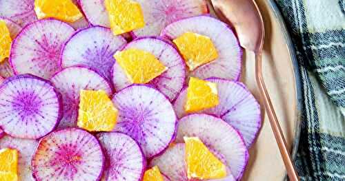 Carpaccio de radis blue meat, soja, orange (amap, vegan, cru)