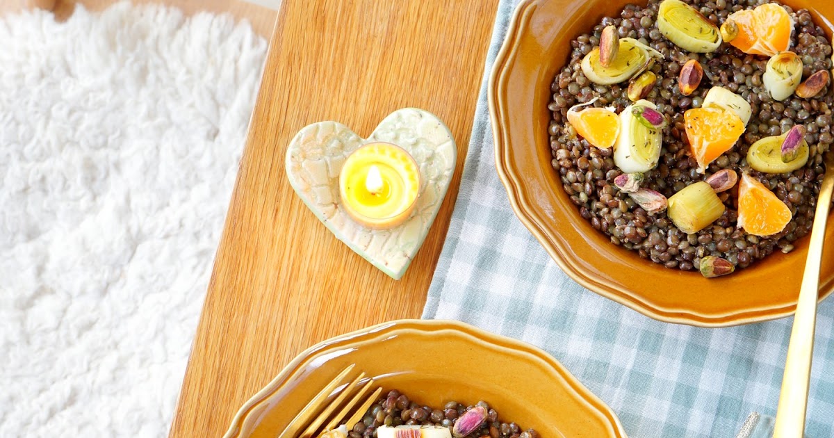 Salade lentilles, poireaux, mandarines, pistaches (amap, vegan, sans gluten)