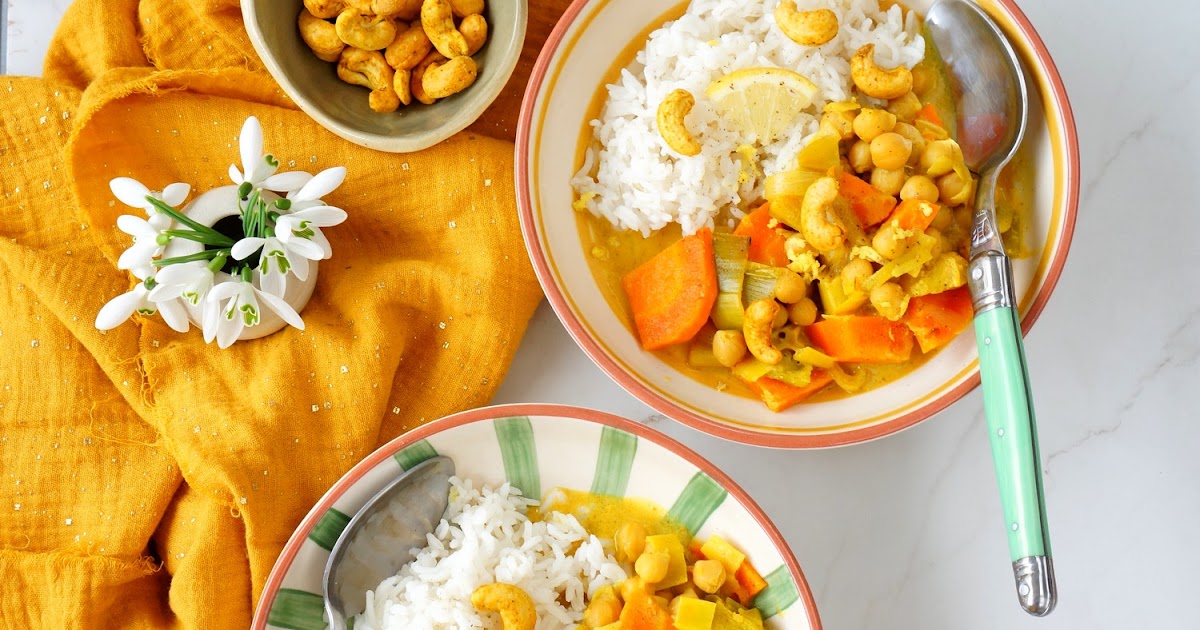 Curry carottes, poireaux, pois chiches, noix de cajou au curry (vegan, sans gluten)