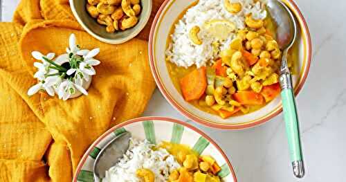 Curry carottes, poireaux, pois chiches, noix de cajou au curry (vegan, sans gluten)