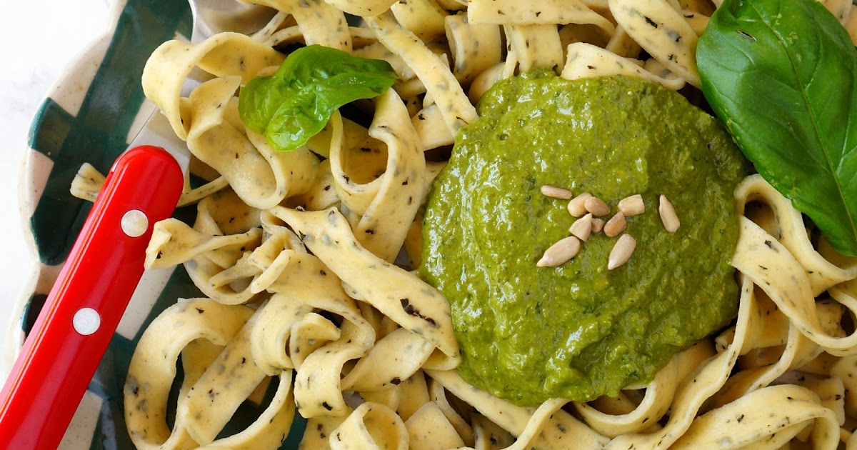 Rubans ail et basilic, pesto végétal (amap, vegan, été)