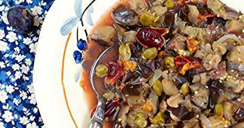 Compotée d'aubergines, quetsches, câpres (amap, vegan)