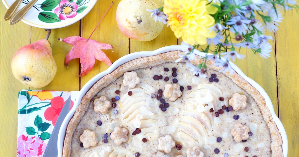 Tarte poires, amandes, pépites de chocolat (tarte, dessert, goûter)