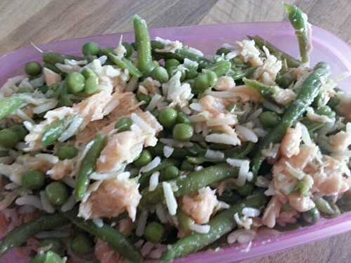 SAUMON AU RIZ BASMATI COMPLET, PETITS POIS ET HARICOTS VERTS