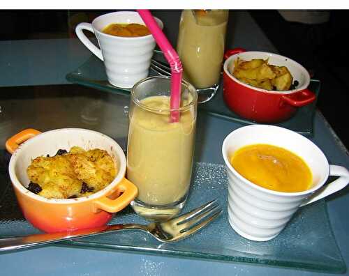TRIO VERRINES (chaudes) velouté de châtaignes, velouté carotte, coco & gingembre, mini-cocottes au boudin & compotée de pommes