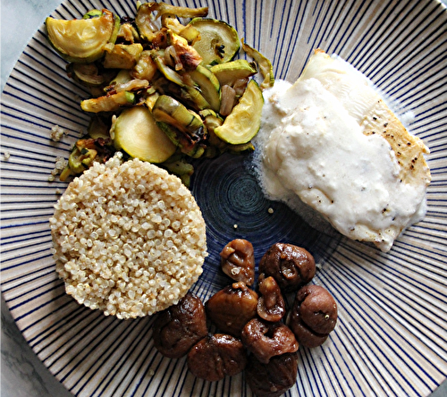 L’assiette du jour : Filet d’églefin au curry vert, quinoa, courgettes et marrons  