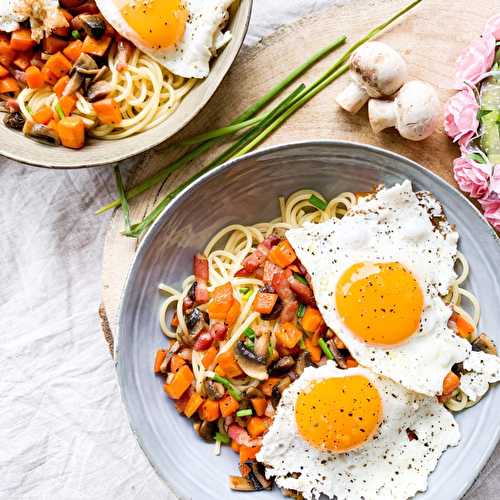 Spaghettis et sa poêlée carottes / lardons - Fourneaux Et Fourchettes