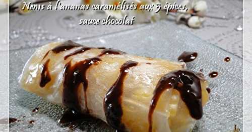 Nems à l'ananas caramélisé aux 5 épices, sauce chocolat