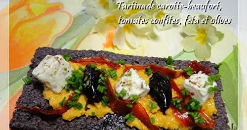 Tartinade carotte-beaufort, tomates confites, feta et olives