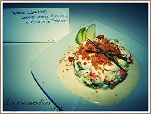 Tartare de Surimi fruité, Nuage de fromage frais basilic et Crumble de Parmesan