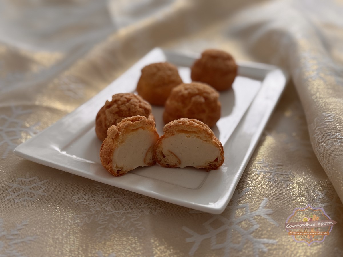 Choux craquelin, crème pâtissière vanille sans œufs