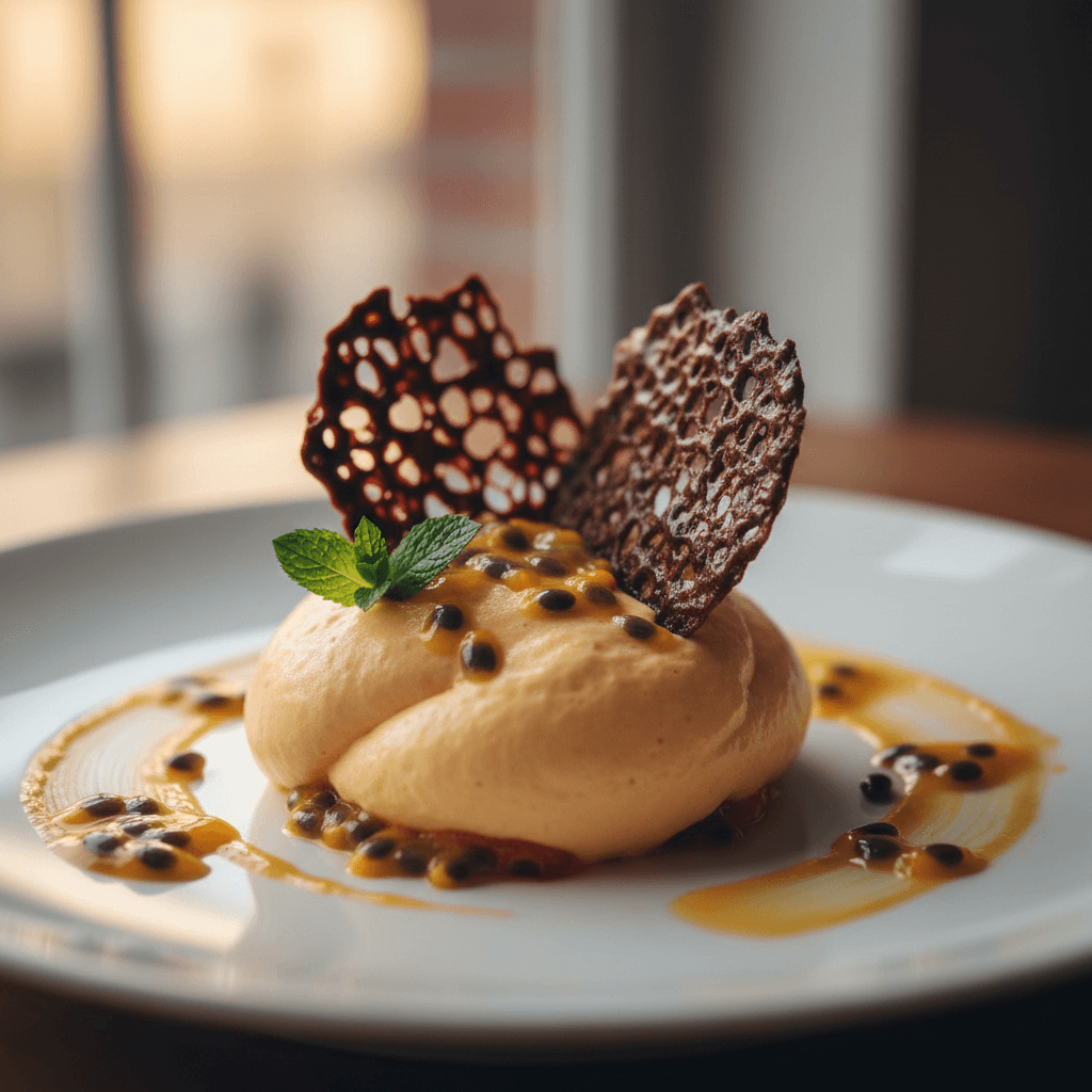 Mousse de fruit de la passion, tuiles chocolat