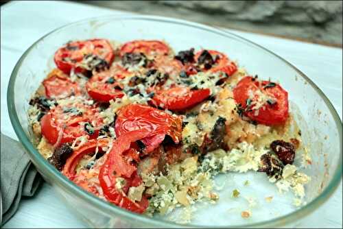 Gratin de pain perdu aux tomates, basilic et origan