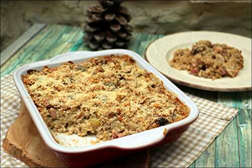 Gratin de crozets aux champignons et à la saucisse de Montbéliard