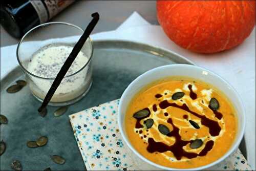 Velouté de potimarron, crème vanillée et huile de pépins de courge