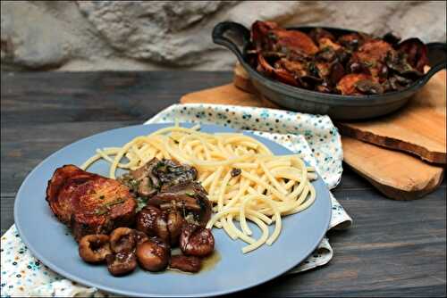 Filet mignon de porc au cidre et châtaignes et champignons persillés