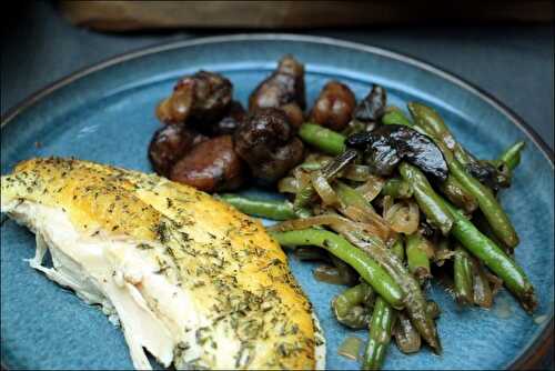 Poêlée de haricots verts et champignons aux oignons caramélisés