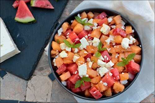 Salade roquette, melon, pastèque, feta et menthe