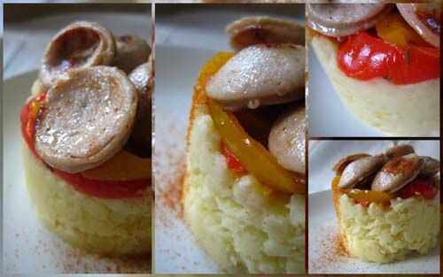 Boudin blanc truffé sur un lit de pommes de terre et de poivrons