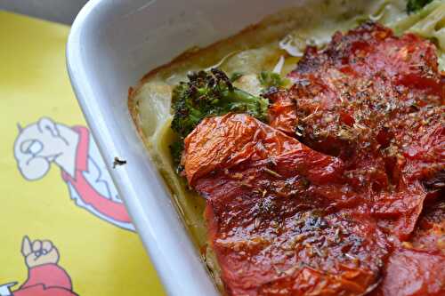 Lasagne aux brocolis et tomates confites au four