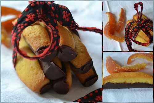 Madeleines longues aux oranges confites et coque en chocolat