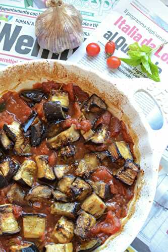 Pâtes, tomates aubergine confites au four végétarien