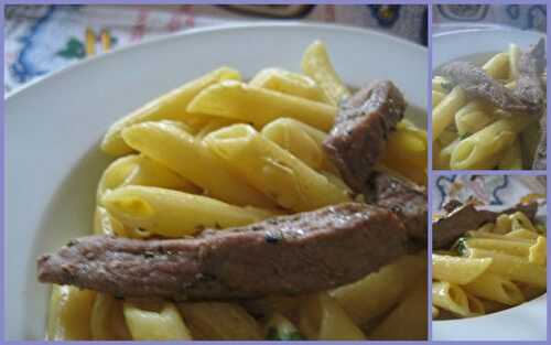 Penne au curcuma et au steack de canard