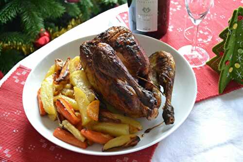 Pintade aux épices à pain d'épices, miel et légumes racines