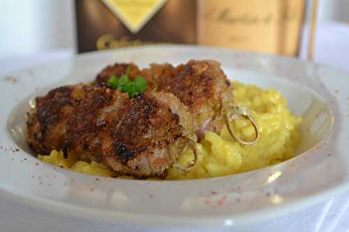 Risotto au safran et brochettes d'aiguilettes de canard au pécorino concours Champagne