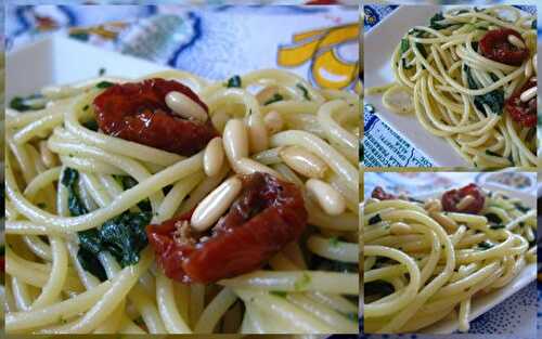 Spaghetti con spinaci e pomodori secchi